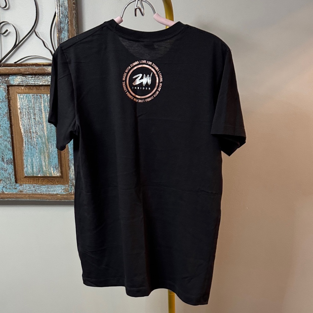 Zumba Fitness Black Tee with Metallic Rose Gold Heart and White Graphics EUC M-L - Picture 7 of 8